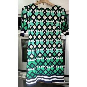 Eliza J Shift Dress Size SZ 0P Green Blue Geometric Print Short Sleeve Zipper